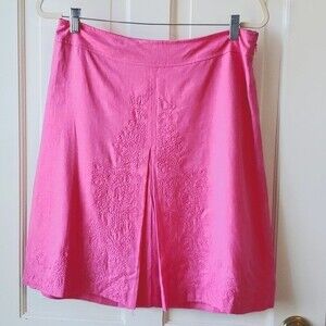 SAINT TROPEZ WEST LINEN A-LINE SKIRT SZ 6 EMBROIDERED BRIGHT PINK BARBIE